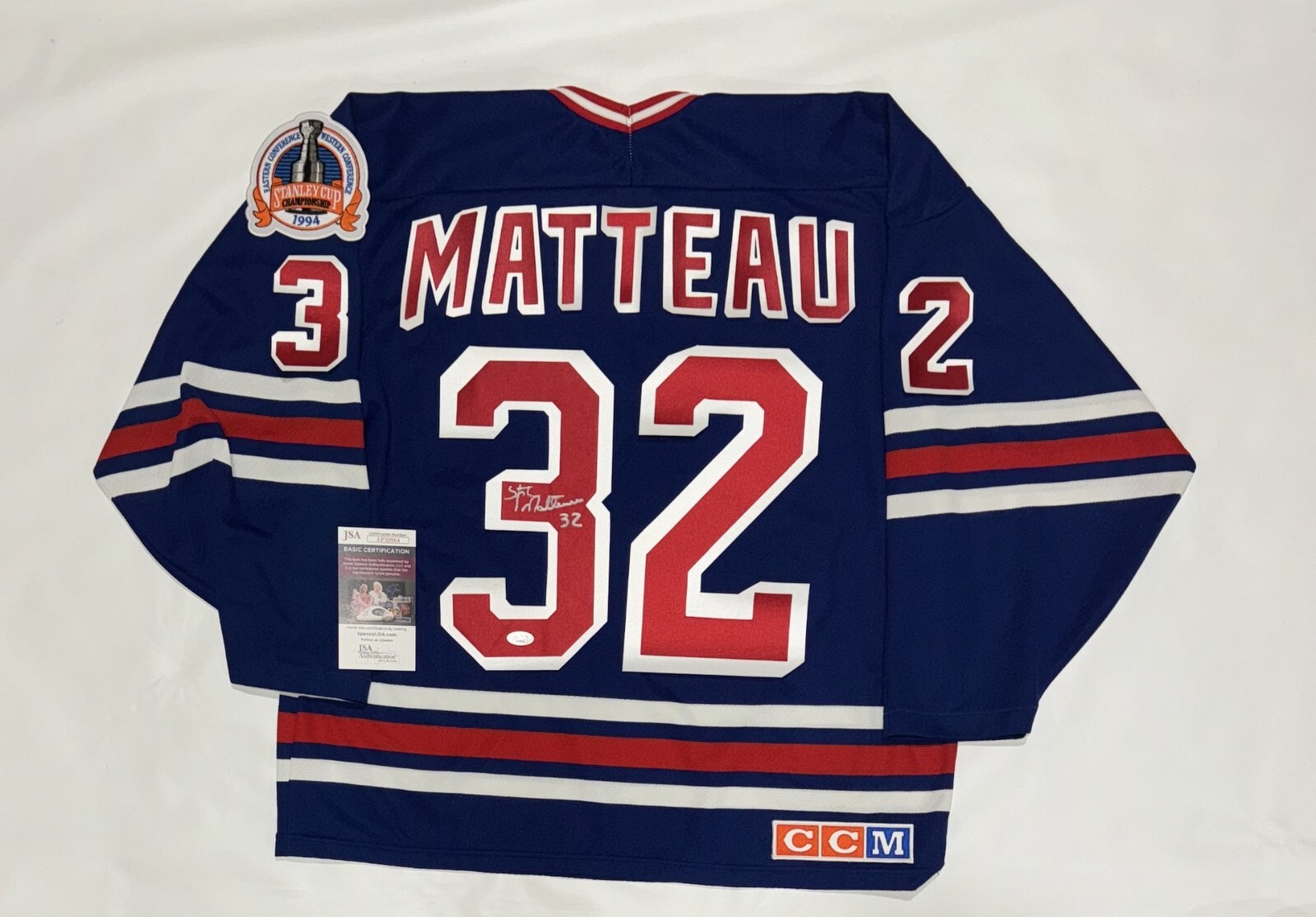 STEPHANE MATTEAU SIGNED CCM NEW YORK RANGERS 1994 CUP JERSEY LICENSED JSA COA