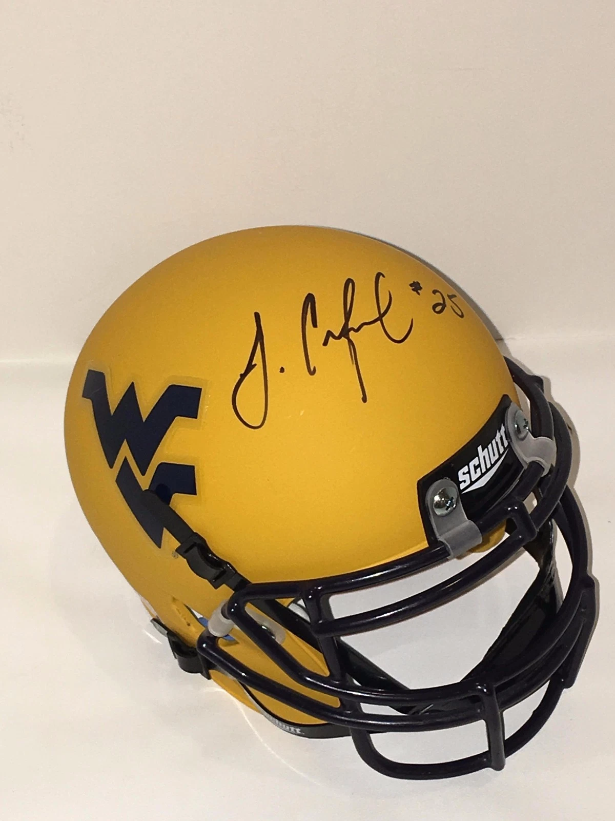 JUSTIN CRAWFORD SIGNED WEST VIRGINIA MOUNTAINEERS MINI HELMET PROOF