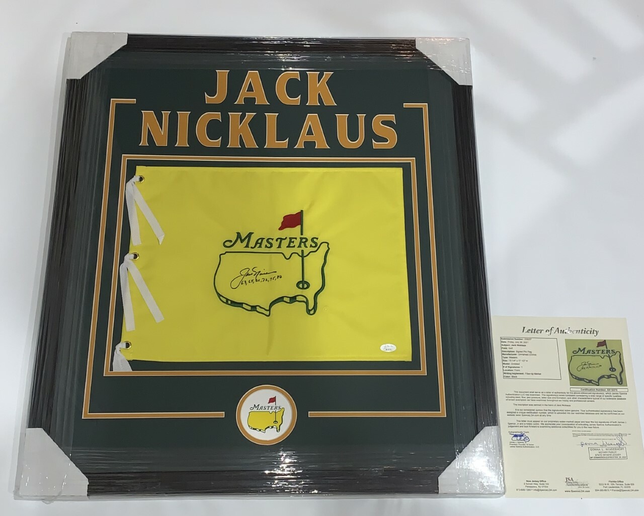 JACK NICKLAUS SIGNED FRAMED UNDATED MASTERS FLAG WITH 6 WINNING YEARS JSA LOA