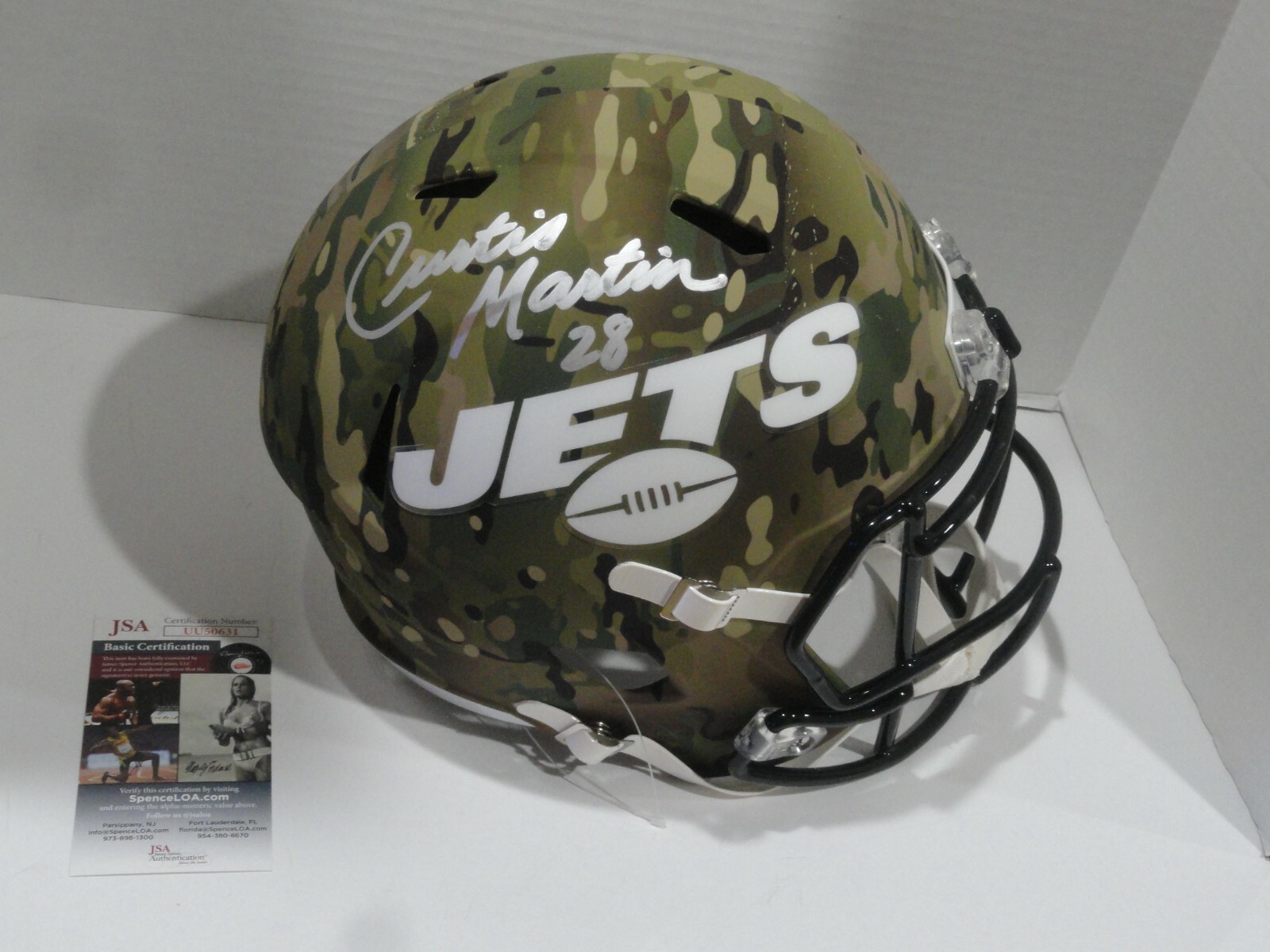 CURTIS MARTIN SIGNED NEW YORK JETS FULL-SIZE REPLICA CAMO HELMET PROOF JSA COA