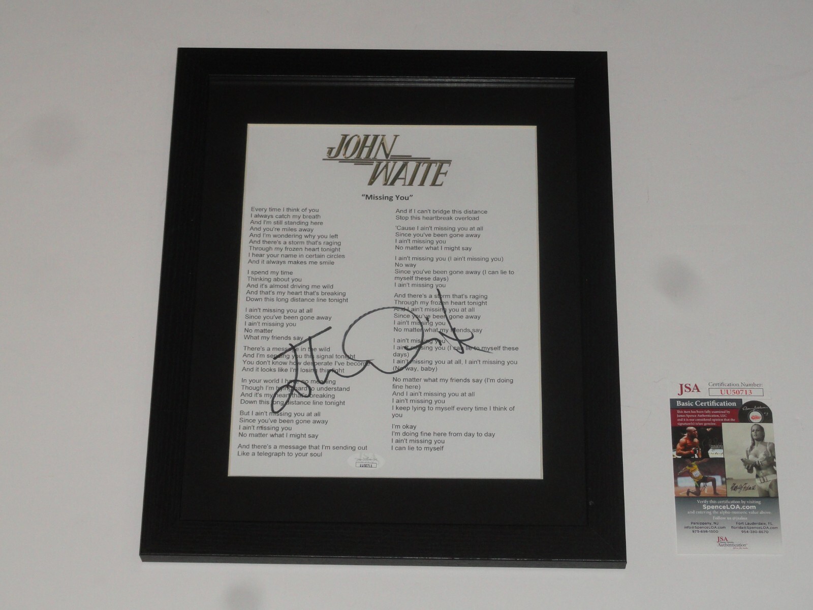 JOHN WAITE SIGNED FRAMED MISSING YOU LYRIC SHEET AUTOGRAPHED PROOF JSA COA