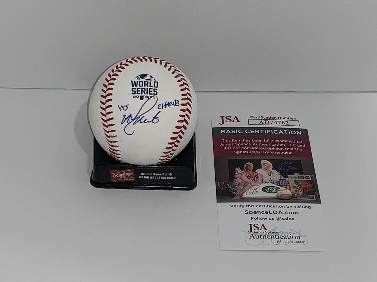AJ MINTER SIGNED 2021 WORLD SERIES BASEBALL ATLANTA BRAVES INSCRIPT JSA COA
