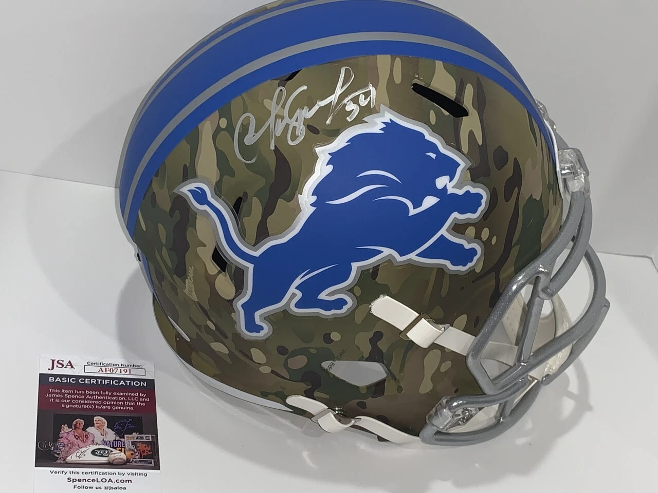 CHRIS SPIELMAN SIGNED DETROIT LIONS FULL SIZE REPLICA CAMO HELMET JSA COA