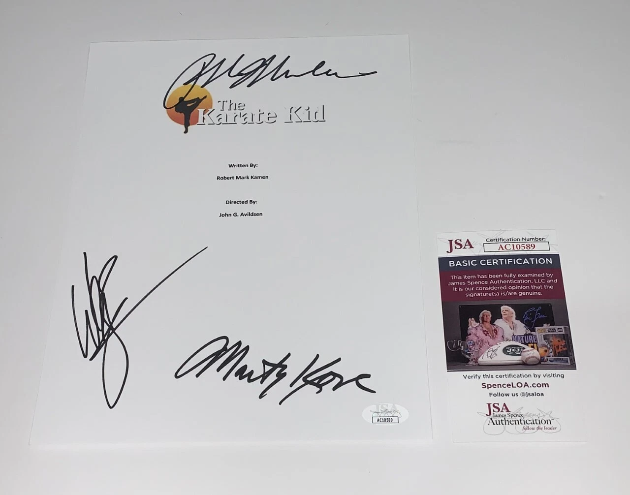 RALPH MACCHIO WILLIAM ZABKA & KOVE SIGNED THE KARATE KID MOVIE SCRIPT JSA COA