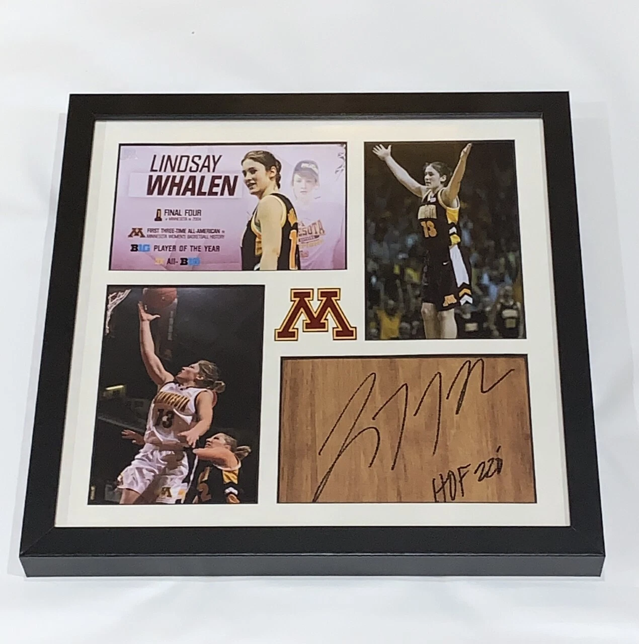 LINDSAY WHALEN SIGNED FRAMED FLOORBOARD COLLAGE MINNESOTA GOLDEN GOPHERS JSA COA