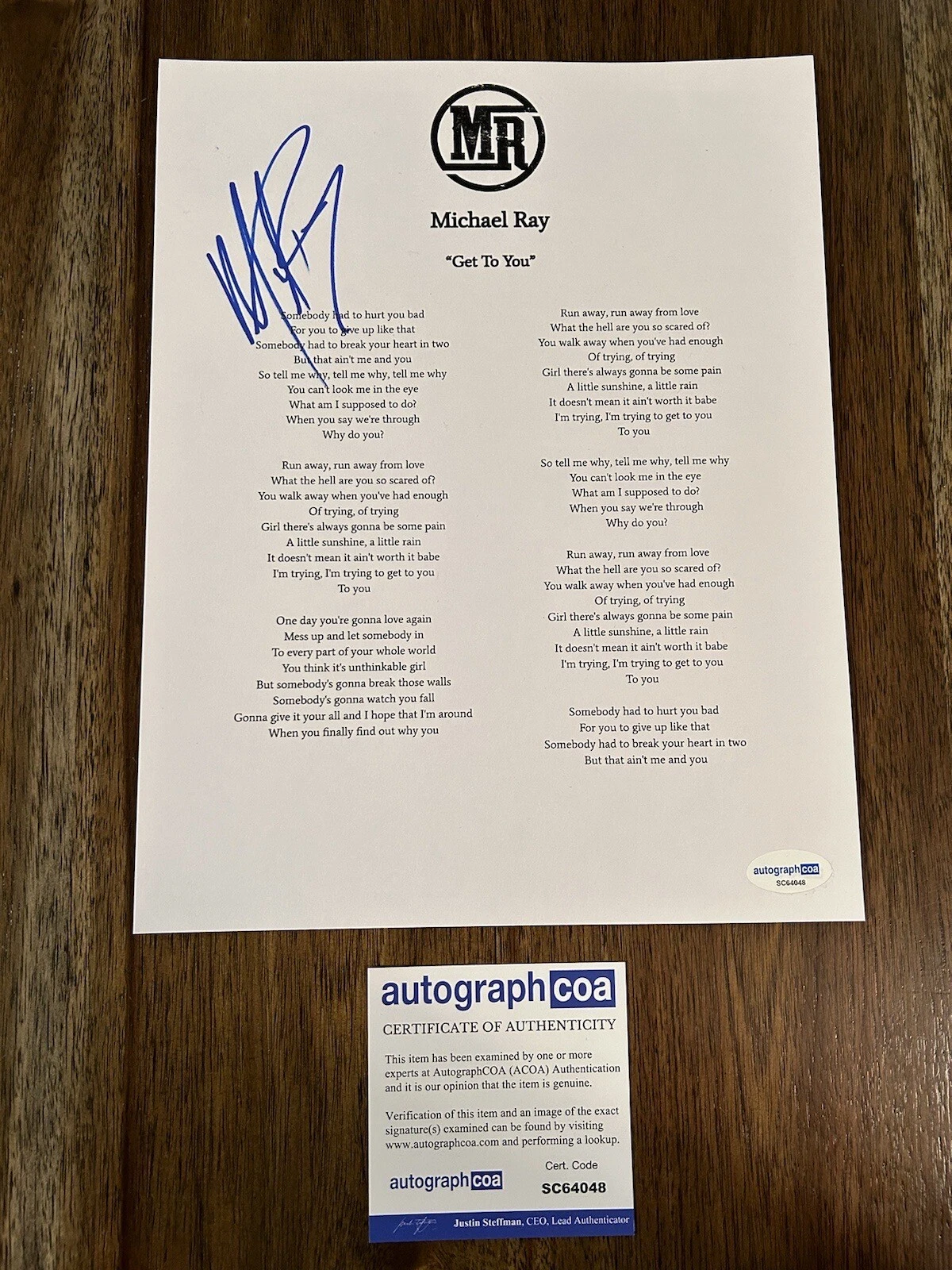 Michael Ray ‘Get To You’ Country Singer Signed Lyric Sheet Music ACOA