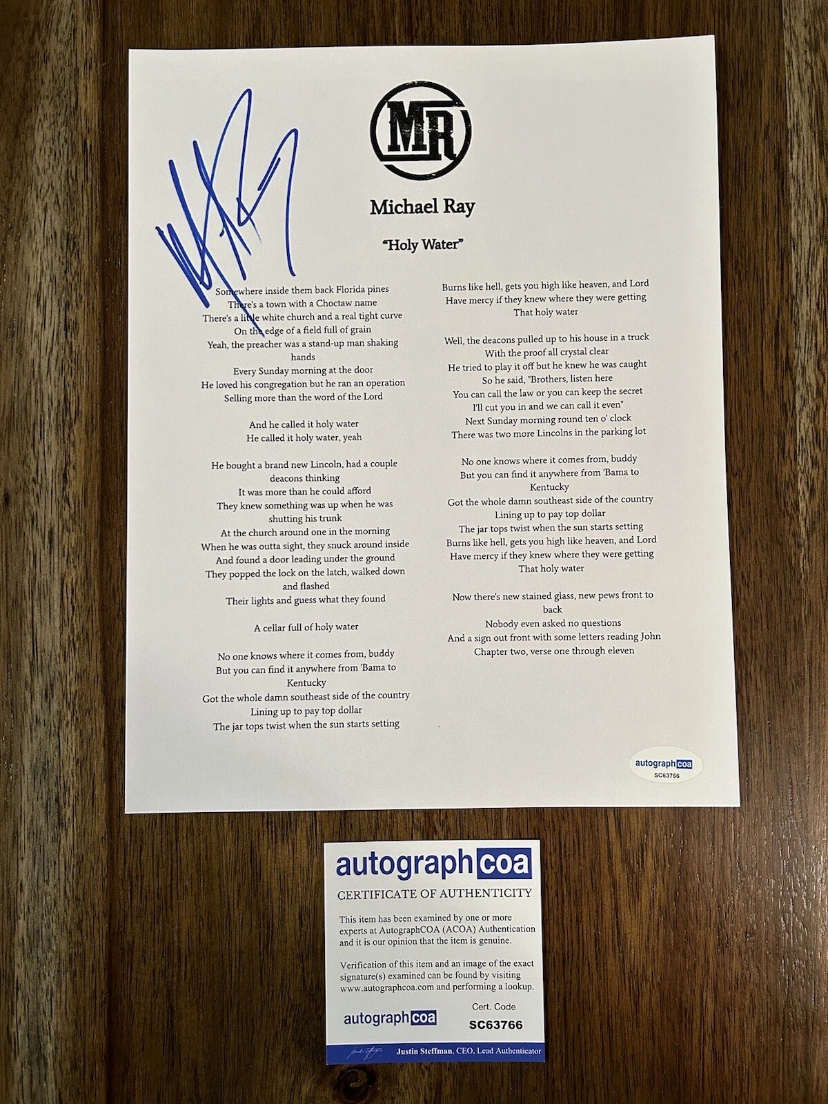 Michael Ray ‘Holy Water’ Country Singer Signed Lyric Sheet Music ACOA