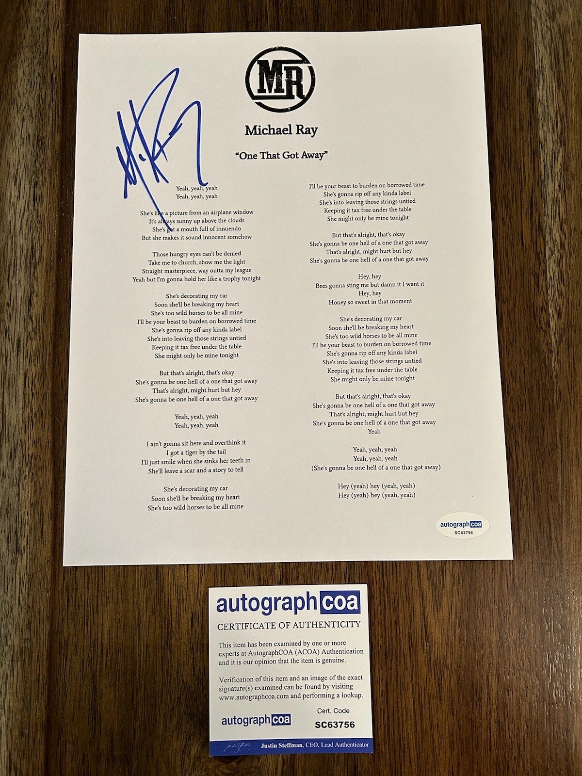 Michael Ray ‘One That Got Away’ Country Singer Signed Lyric Sheet Music ACOA