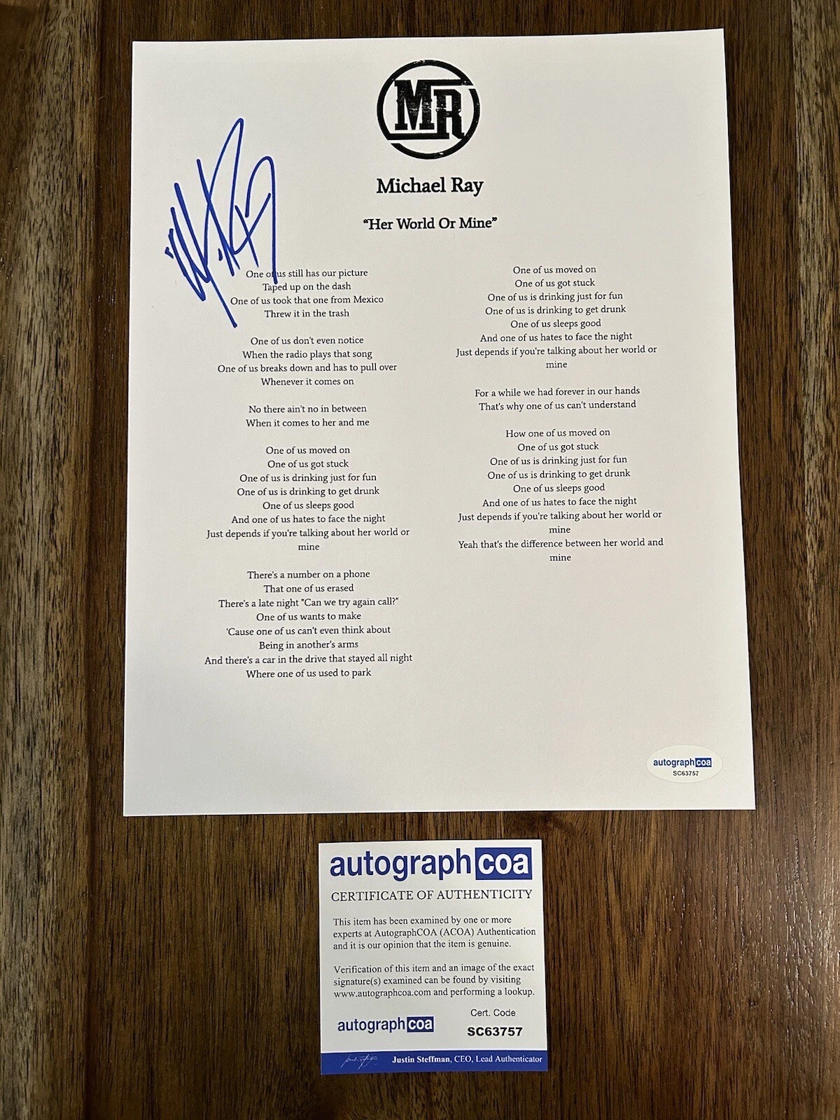 Michael Ray ‘Her World Or Mine’ Country Singer Signed Lyric Sheet Music ACOA
