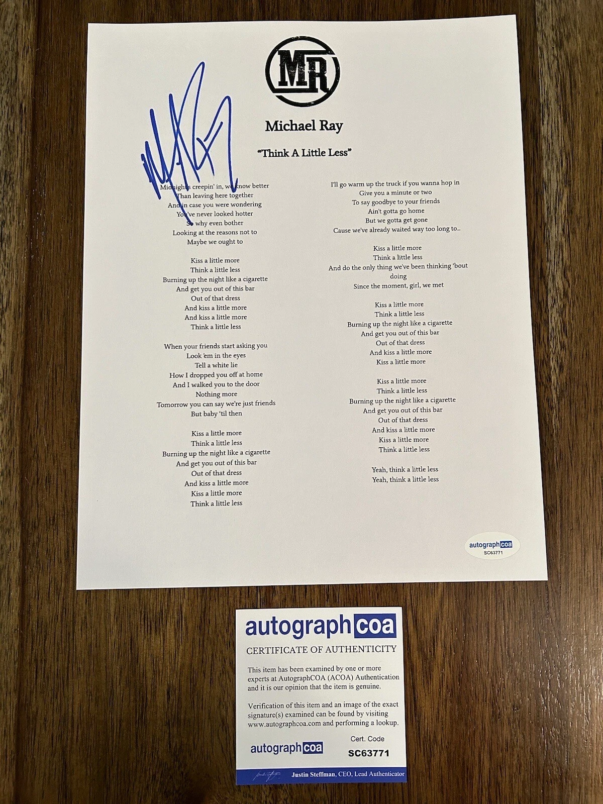 Michael Ray ‘Think A Little Less’ Country Singer Signed Lyric Sheet Music ACOA