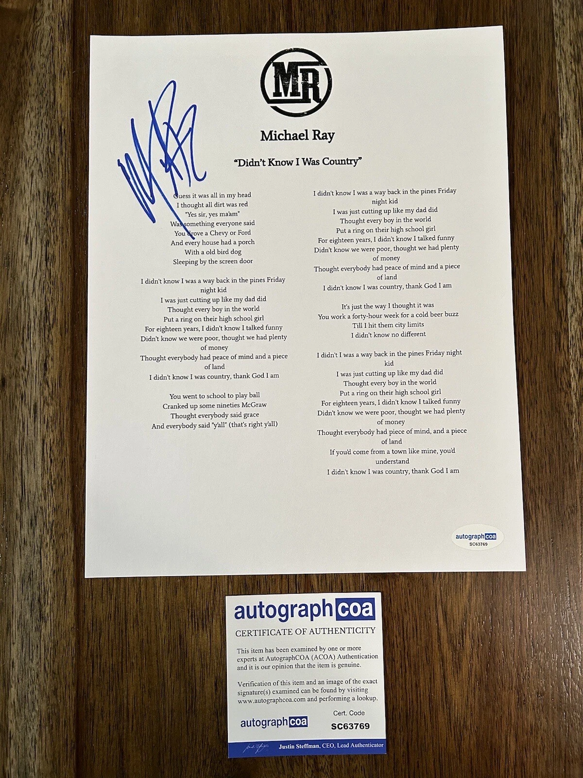 Michael Ray ‘Didn’t Know I Was Country’ Country Singer Signed Lyric Sheet ACOA