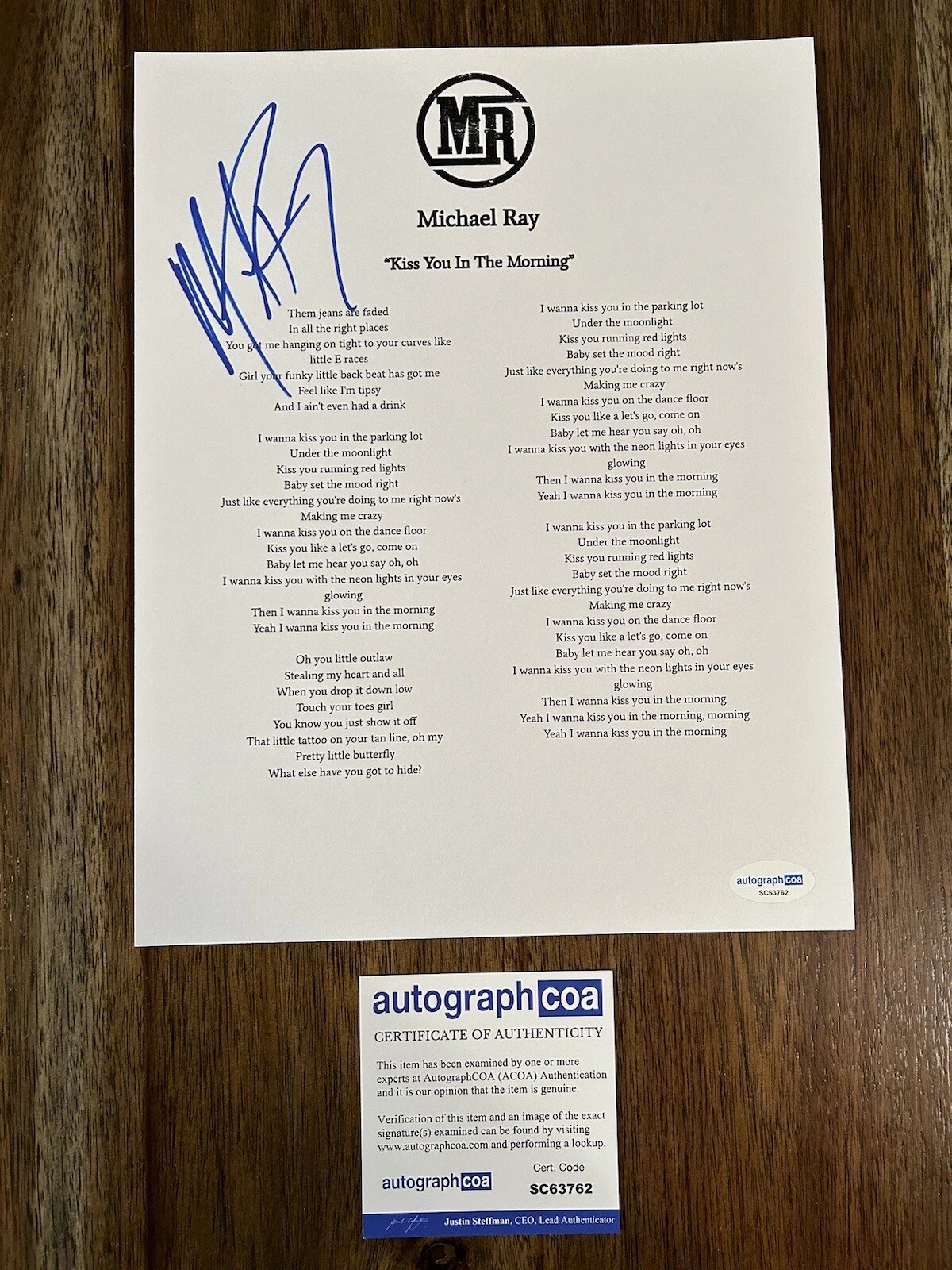 Michael Ray ‘Kiss You In The Morning’ Country Singer Signed Lyric Sheet ACOA
