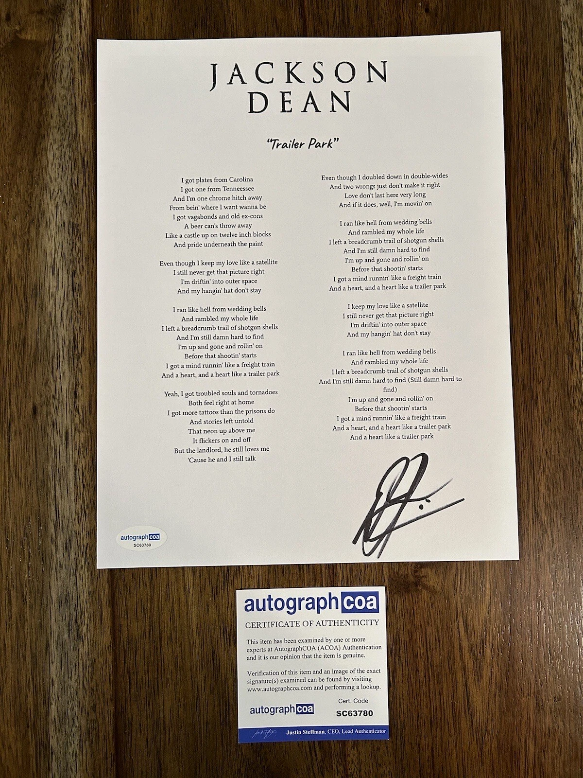 Jackson Dean ‘Trailer Park’ Country Singer Signed Lyric Sheet Music ACOA
