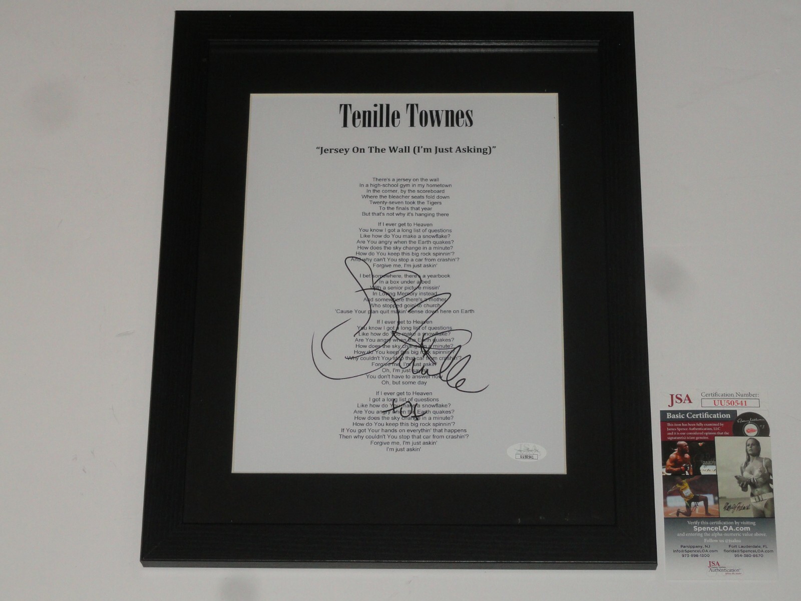 TENILLE TOWNES SIGNED FRAMED JERSEY ON THE WALL LYRIC SHEET JSA COA