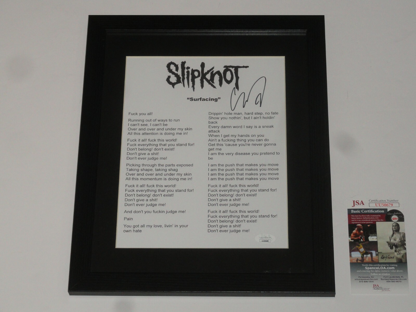 COREY TAYLOR SIGNED FRAMED SURFACING LYRIC SHEET SLIPKNOT PROOF JSA COA
