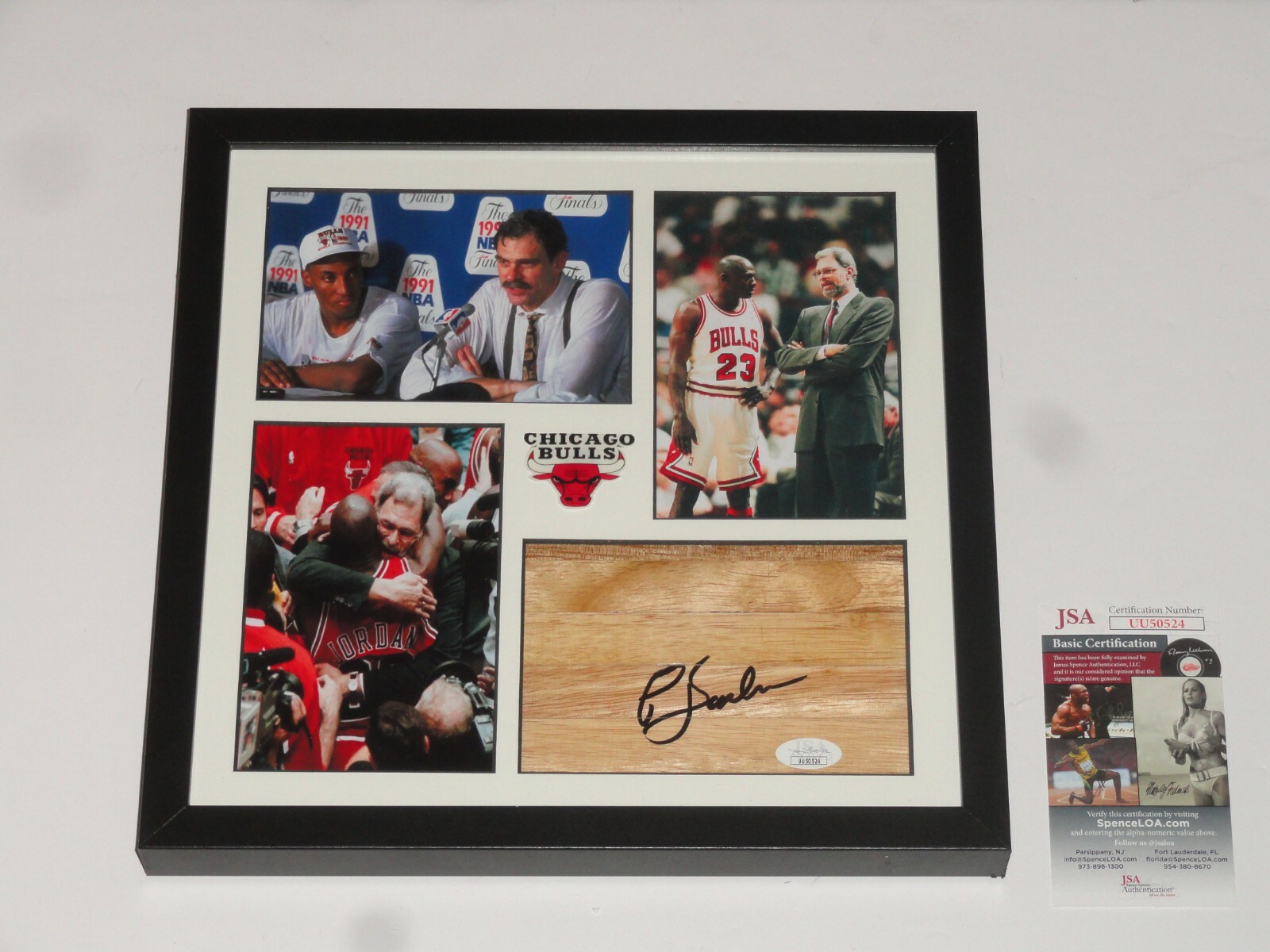 PHIL JACKSON SIGNED FRAMED 12X12 FLOORBOARD COLLAGE CHICAGO BULLS JSA COA