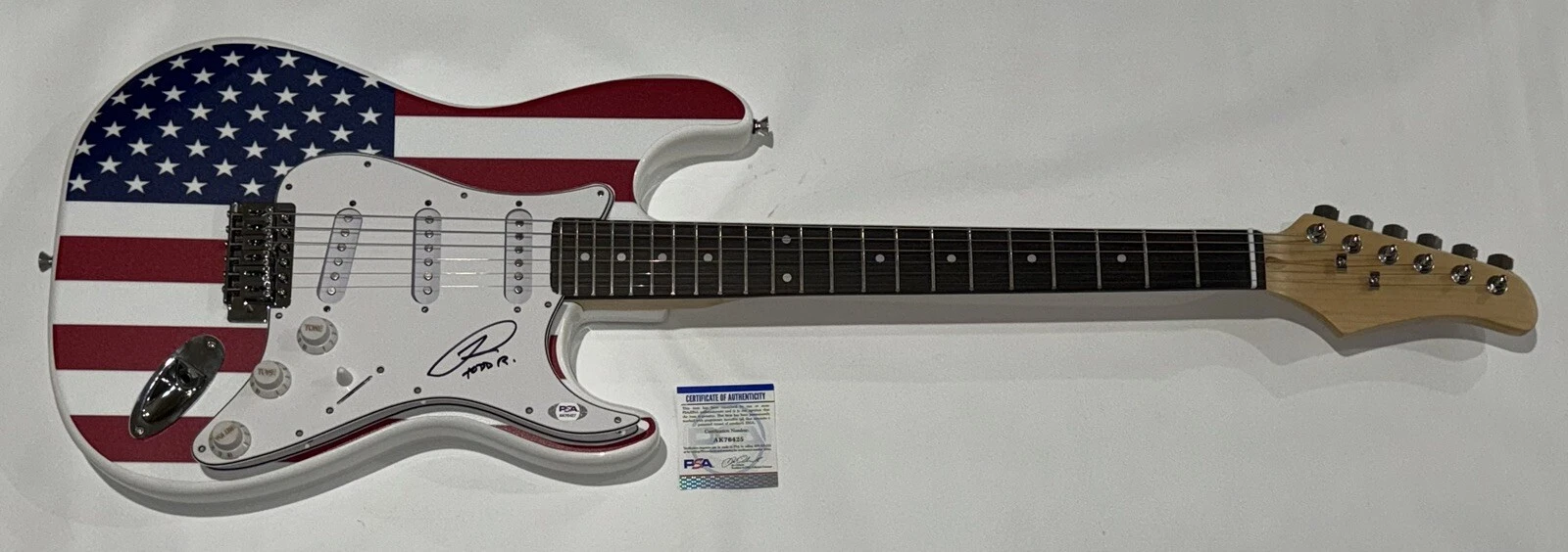TODD RUNDGREN SIGNED USA FLAG ELECTRIC GUITAR UTOPIA PROOF PSA COA