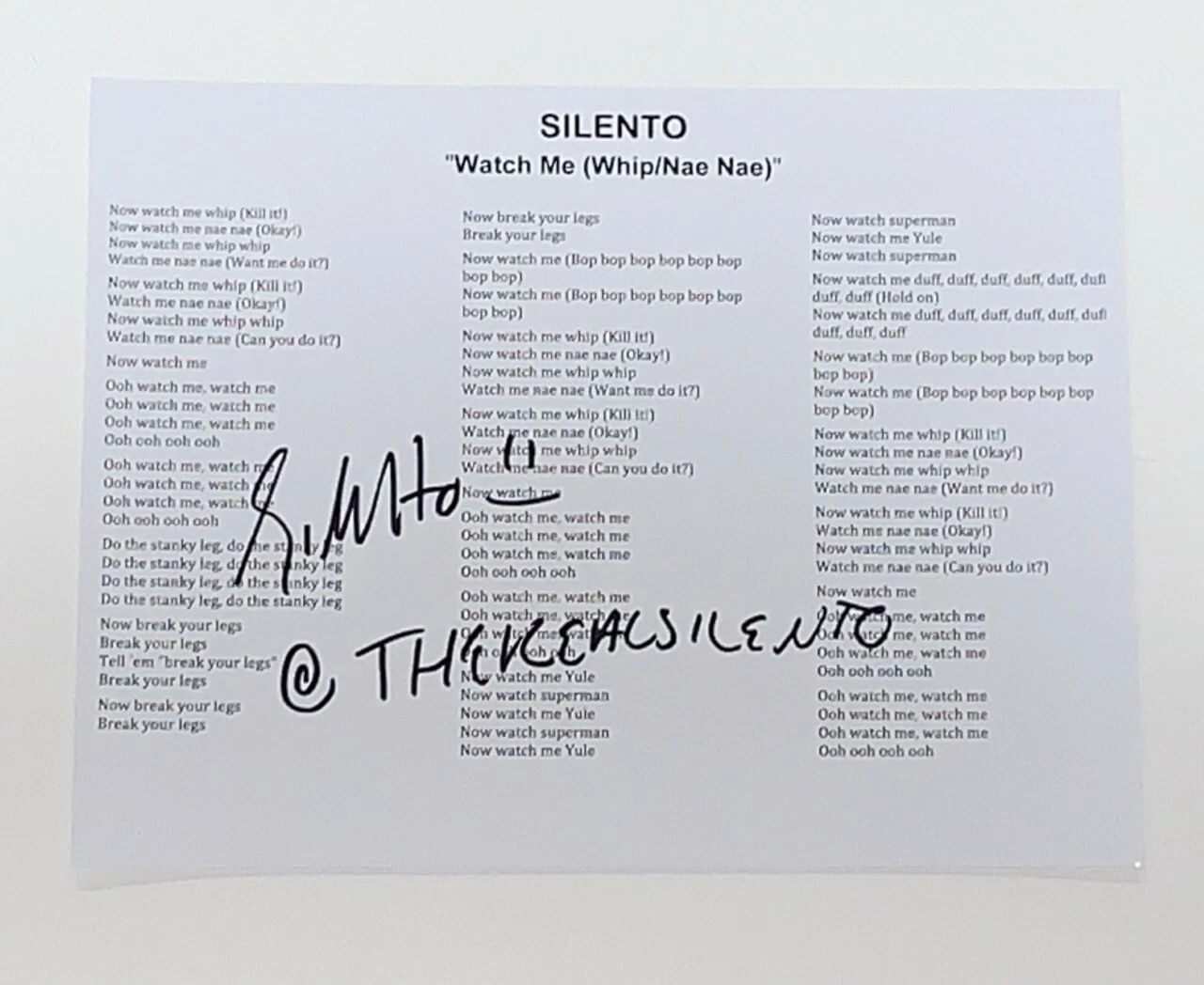 SILENTO SIGNED LYRIC SHEET WATCH ME WHIP NAE NAE AUTOGRAPHED NEW RAPPER