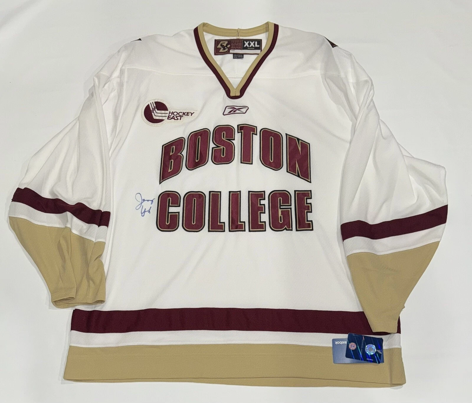 JERRY YORK SIGNED BOSTON COLLEGE EAGLES HOCKEY JERSEY WITH INSCRIPTION LICENSED