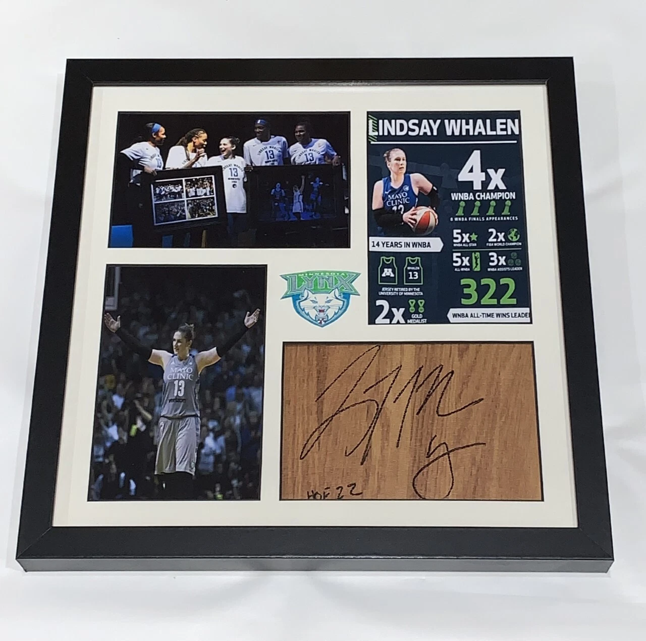 LINDSAY WHALEN SIGNED FRAMED FLOORBOARD COLLAGE MINNESOTA LYNX JSA COA