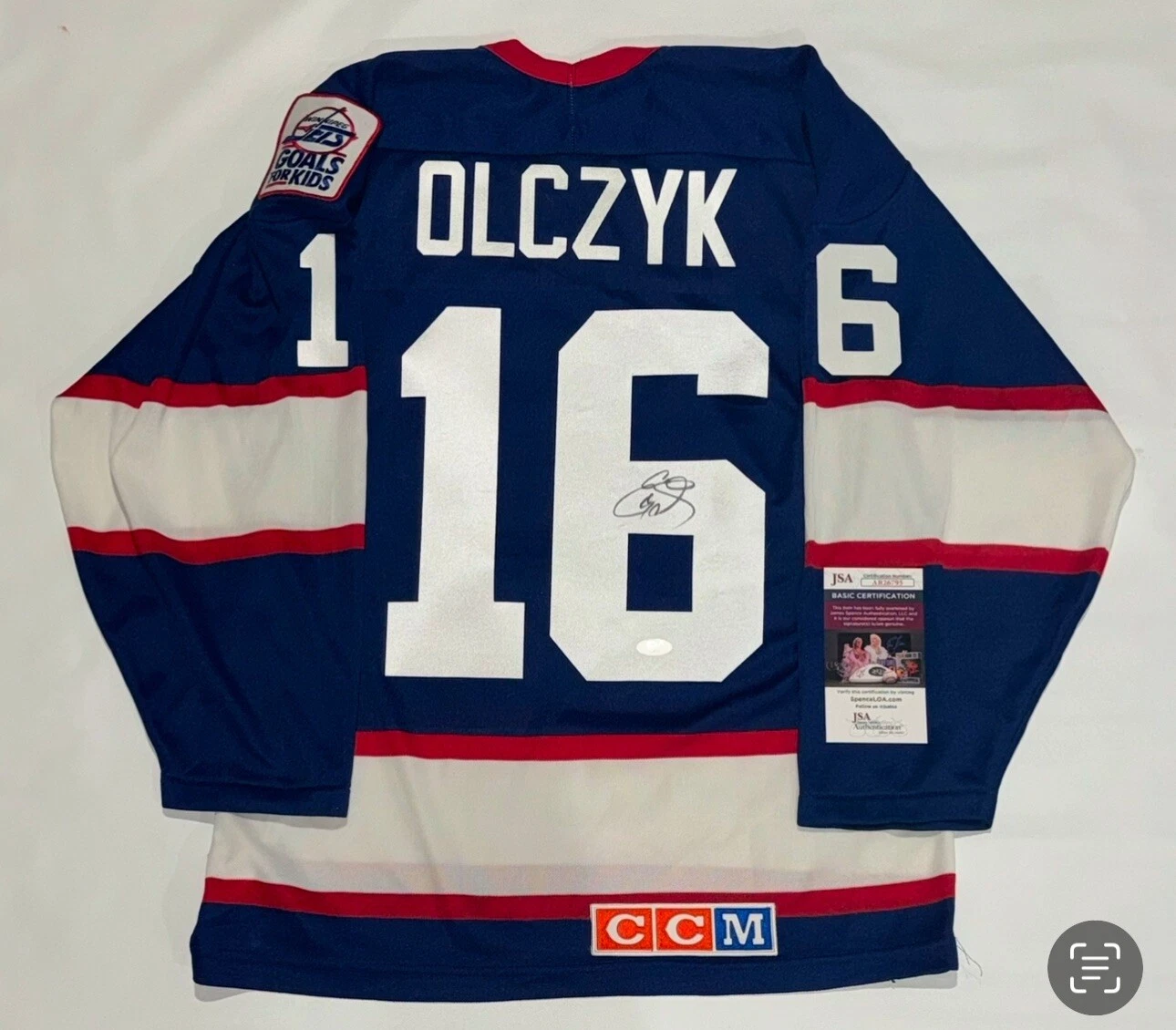 ED OLCZYK SIGNED #16 WINNIPEG JETS JERSEY JSA COA EDDIE LICENSED