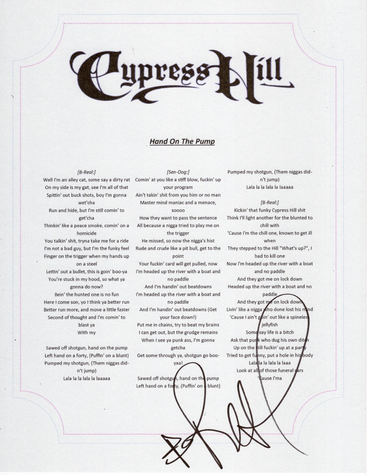CYPRESS HILL B-REAL SIGNED HAND ON THE PUMP LYRIC SHEET