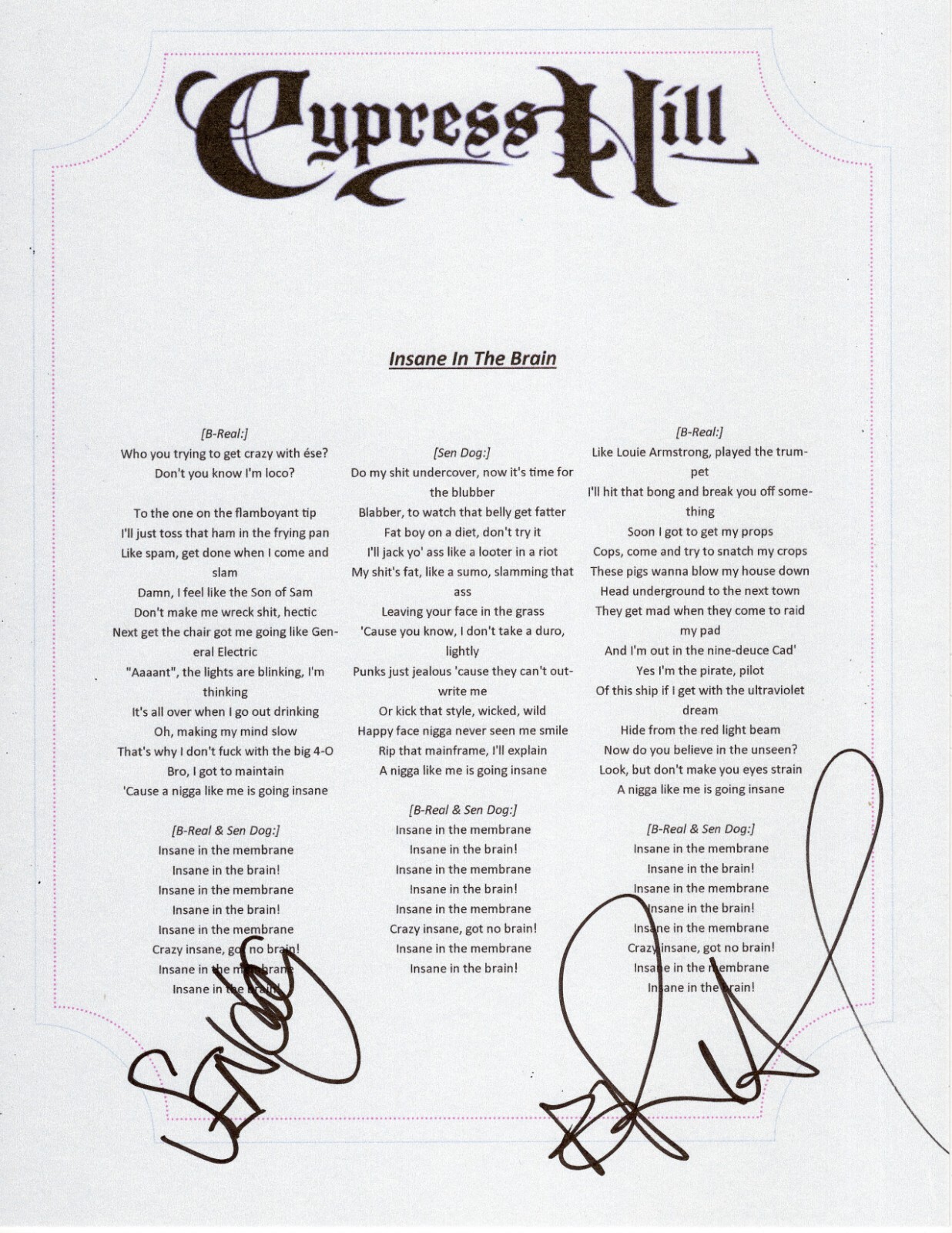 CYPRESS HILL B-REAL & SEN DOG SIGNED INSANE IN THE BRAIN LYRIC SHEET
