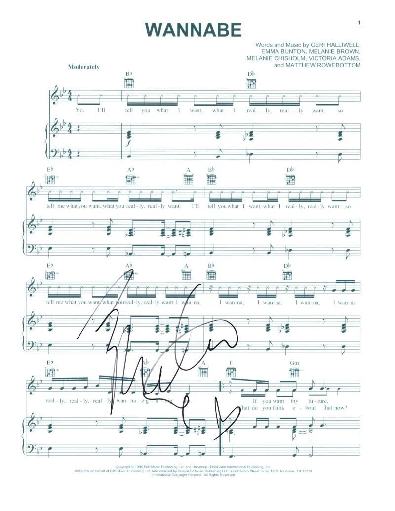 Melanie Chisholm Mel C Signed Autograph Wannabe Sheet Music - Sporty Spice Girls