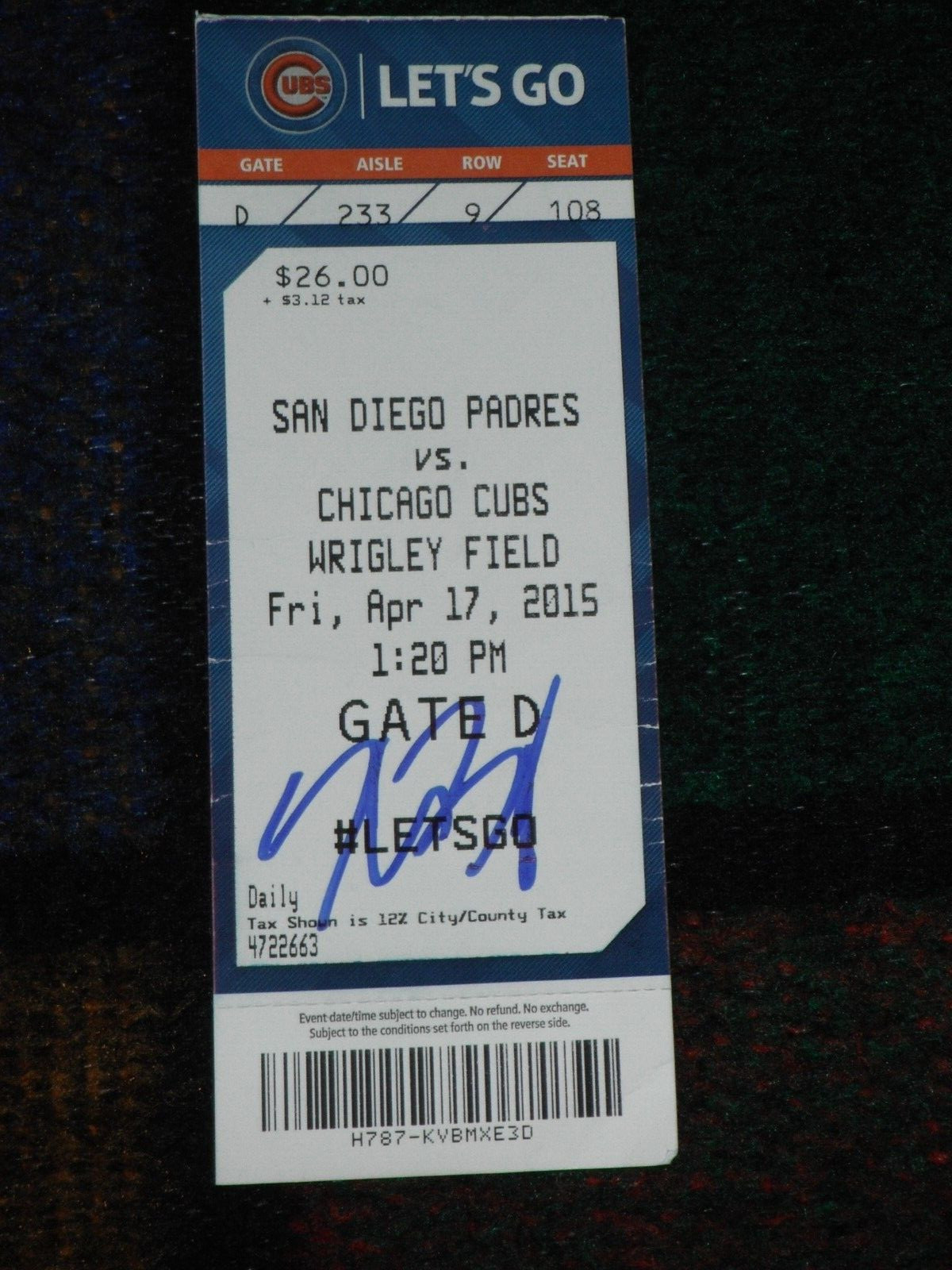 CHICAGO CUBS KRIS BRYANT SIGNED DEBUT GAME TICKET STUB