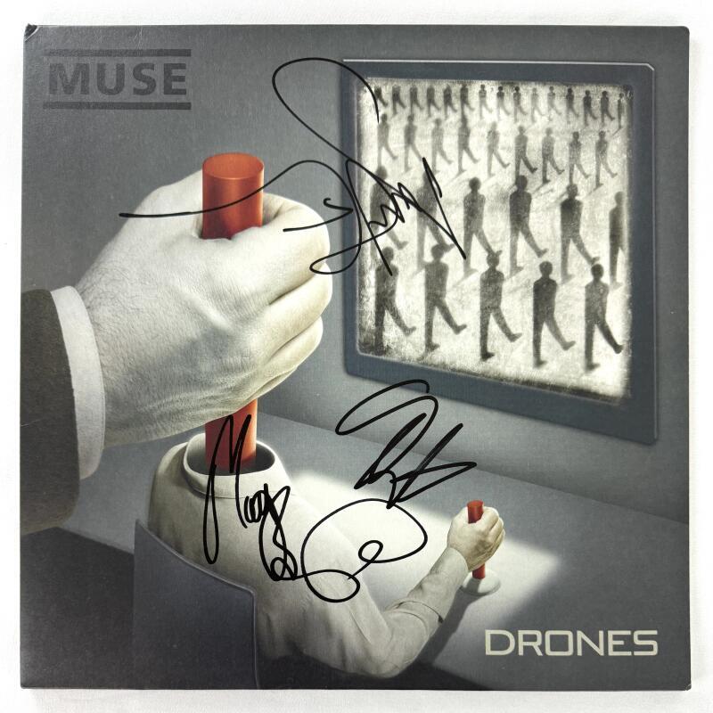 Muse Full Band x3 Signed Autograph Album Vinyl Record LP - Drones w/ Beckett COA