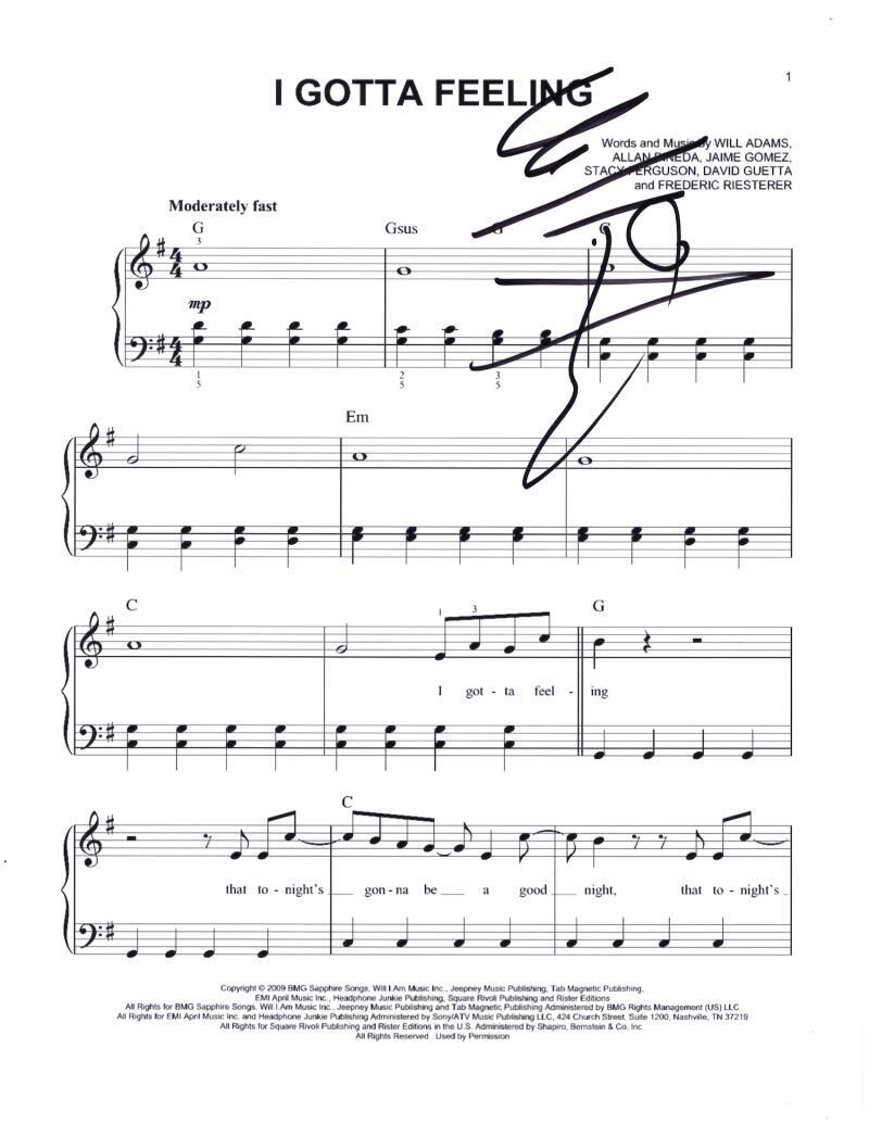 WILL I AM BLACK EYED PEAS SIGNED AUTOGRAPH I GOTTA FEELING SHEET MUSIC THE E.N.D COLLECTIBLE MEMORABILIA
