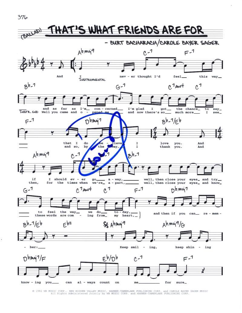 Dionne Warwick Signed Autograph That's What Friends Are For Sheet Music