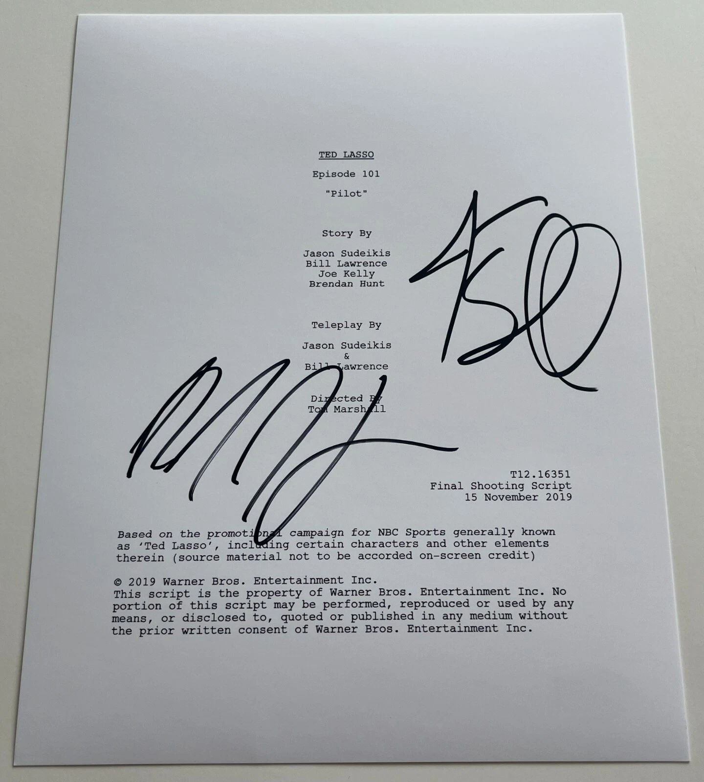 JASON SUDEIKIS & BRENDAN HUNT SIGNED TED LASSO PILOT SCRIPT w/PROOF BECKETT COA