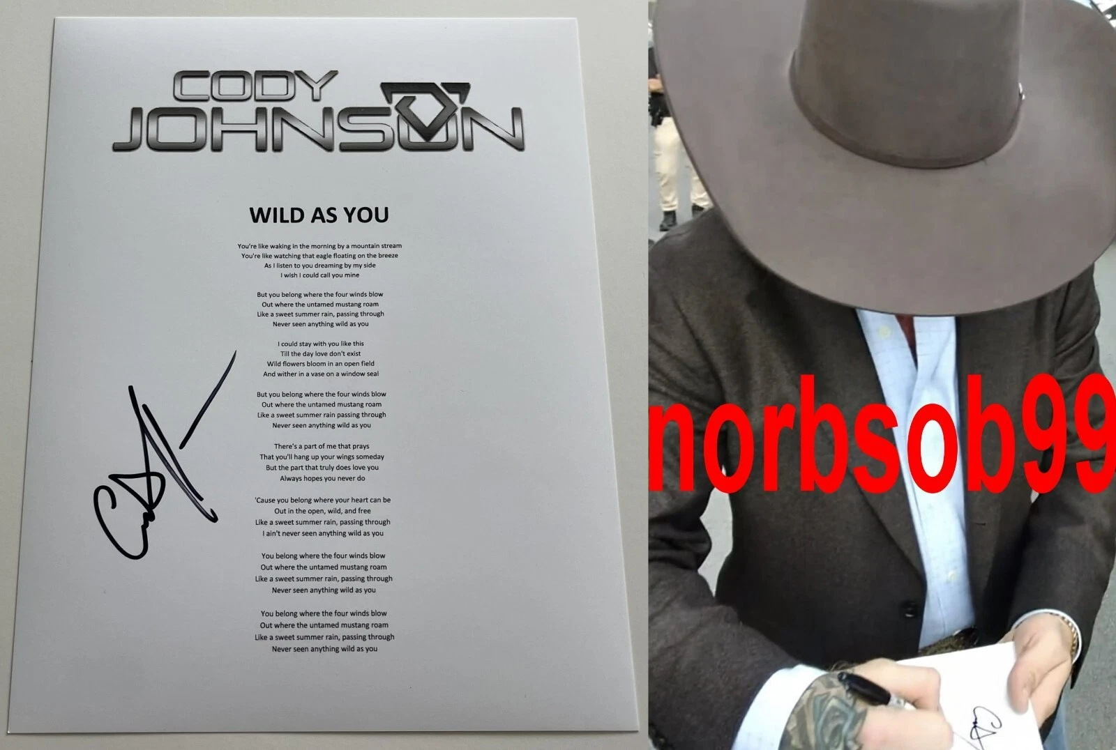 CODY JOHNSON SIGNED WILD AS YOU LYRICS SHEET w/EXACT VIDEO PROOF & BECKETT COA