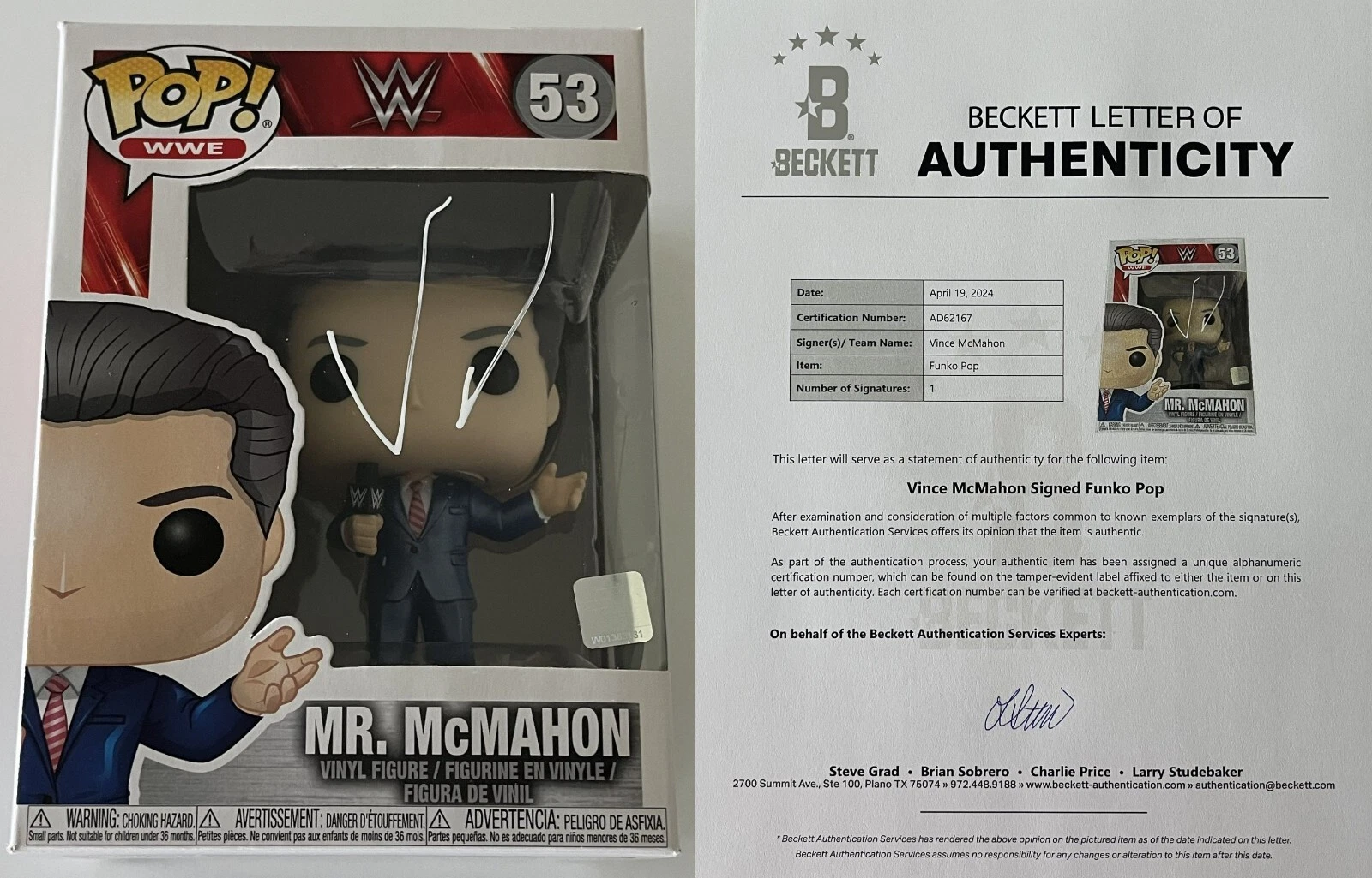 VINCE MCMAHON SIGNED AUTOGRAPH WWE POP FUNKO 53 w/EXACT PROOF BECKETT COA