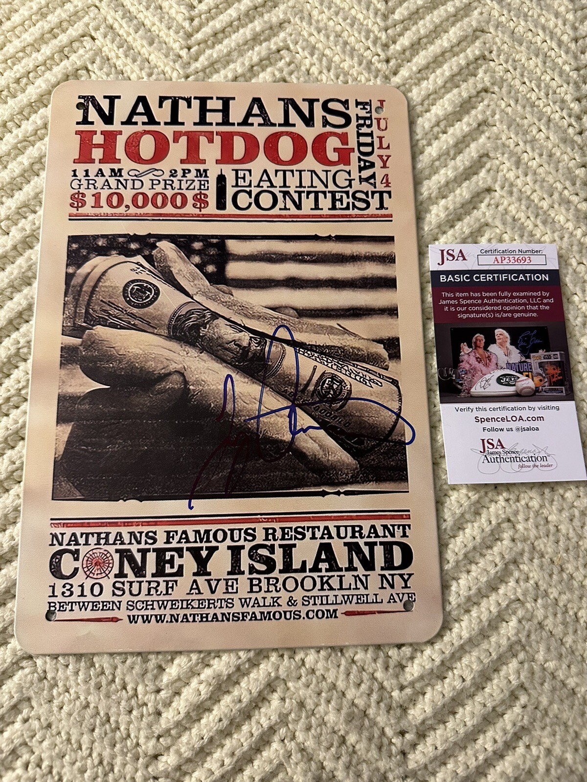 Joey Chestnut Signed Nathan’s Hot Dog Contest Metal Sign JSA Authentication COA