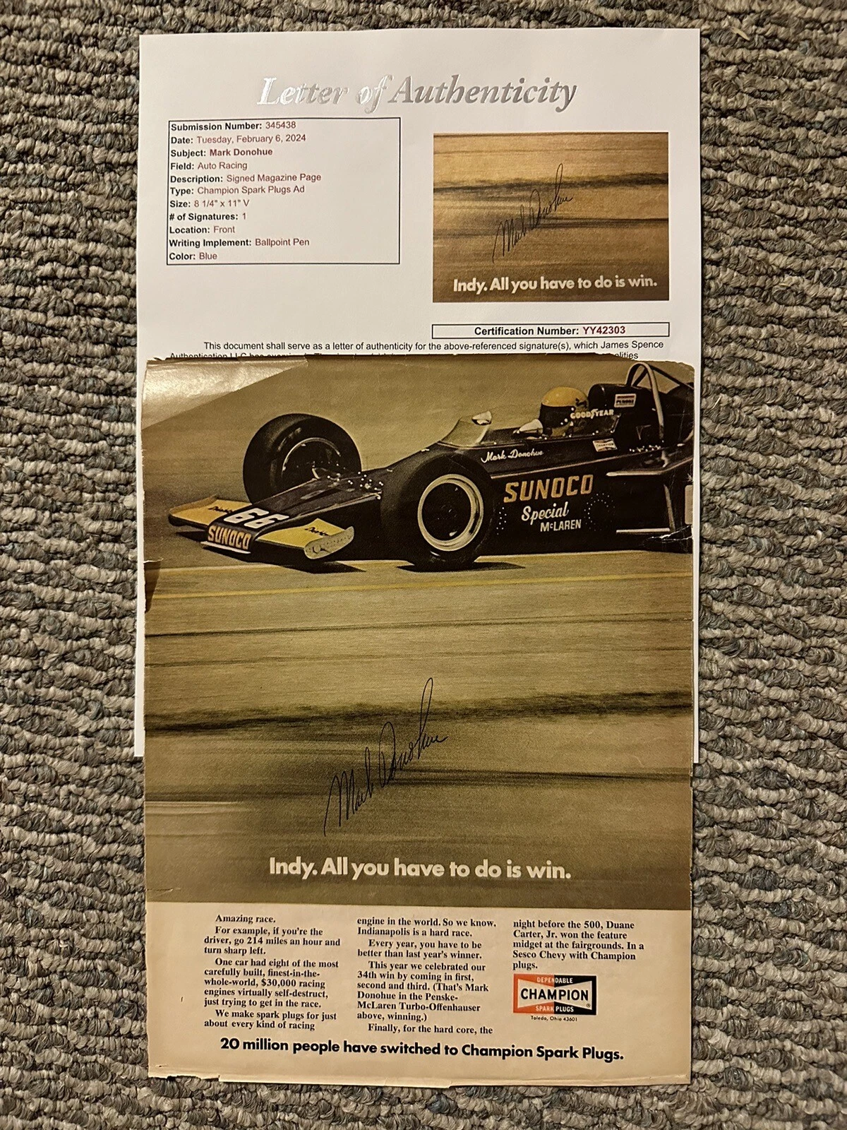 Mark Donohue Signed Vintage 1972 Magazine Clipping JSA Authentication LOA COA