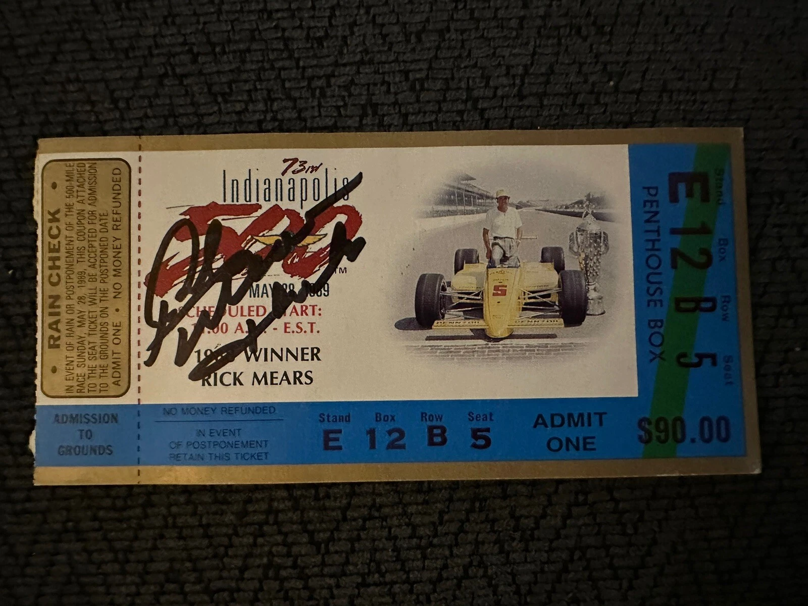 1989 Indy 500 Rick Mears Signed Ticket Stub (1988 Indy Race Winner) Auto