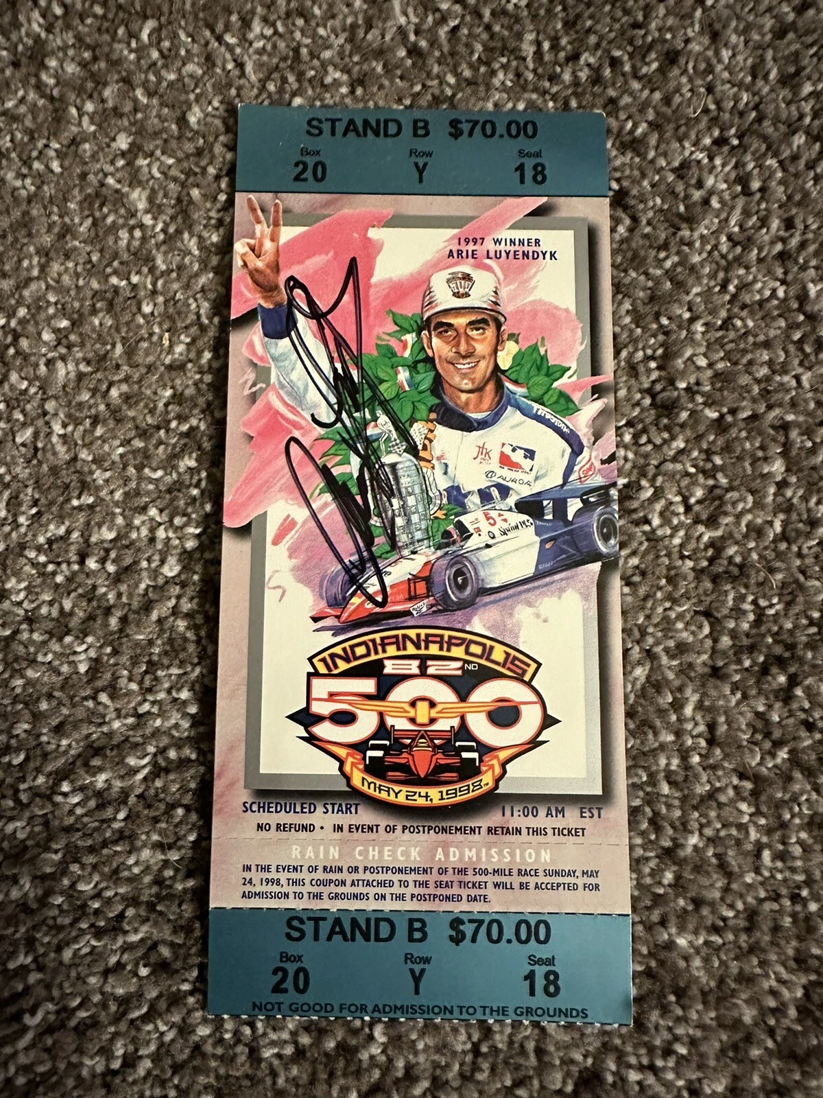 Arie Luyendyk (1997 Winner) Signed Indianapolis Indy 500 Ticket 1998 Race