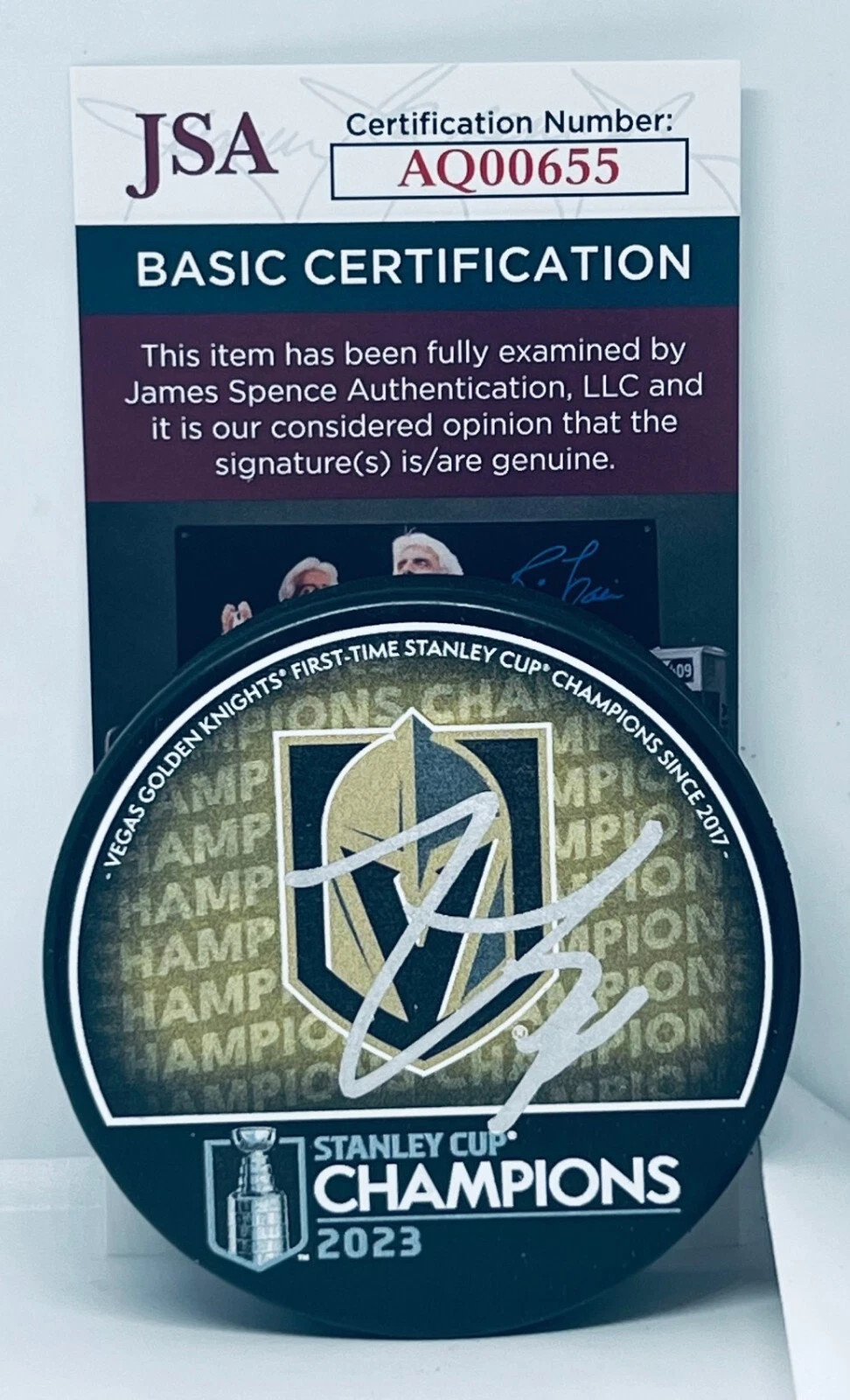 Logan Thompson signed Vegas Golden Knights 2023 Stanley Cup Champs puck JSA