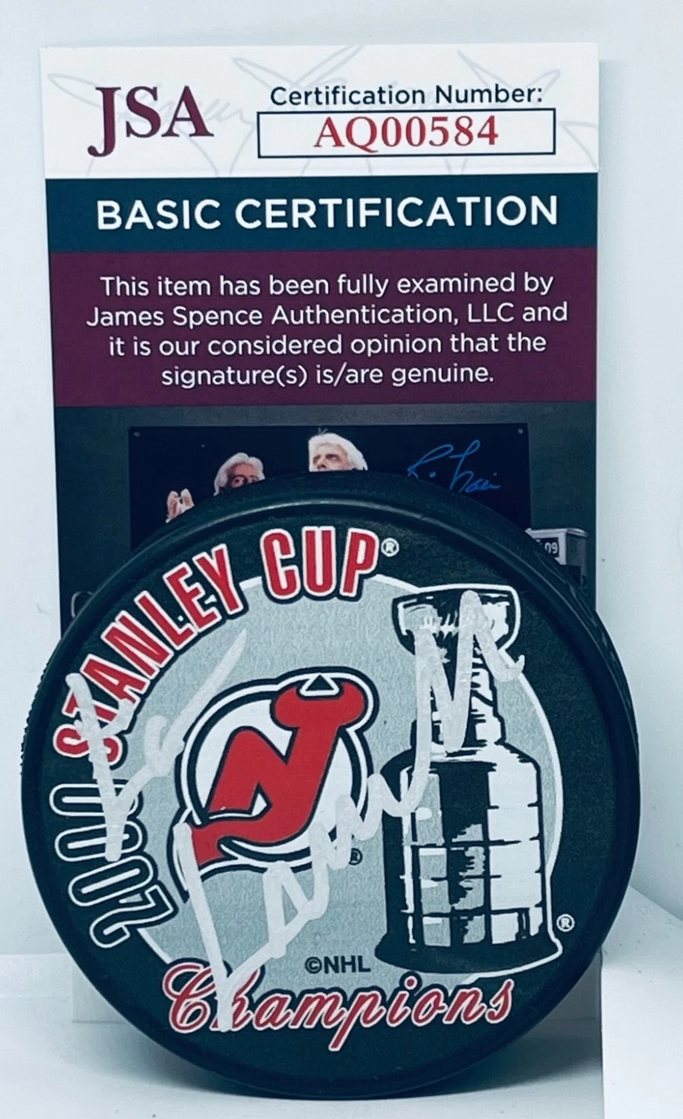 Lou Lamoriello signed New Jersey Devils 2000 Stanley Cup Champs puck JSA COA