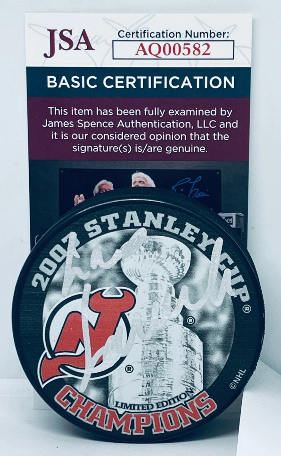 Lou Lamoriello signed New Jersey Devils 2003 Stanley Cup Champs puck JSA