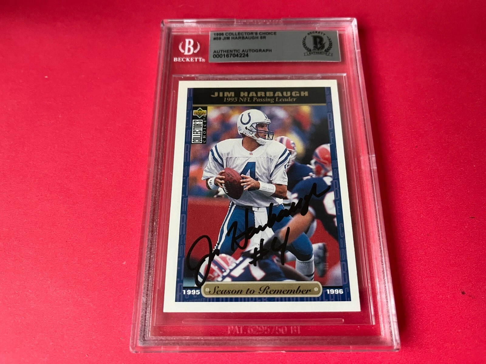 JIM HARBAUGH COLTS 1996 COLLECTOR’S CHOICE CARD SIGNED AUTO BECKETT BAS SLABBED COLLECTIBLE MEMORABILIA