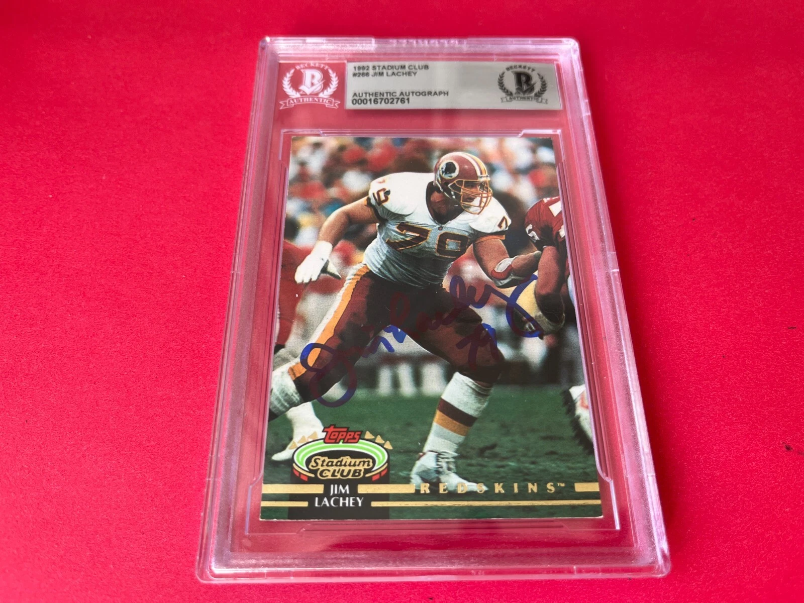 JIM LACHEY REDSKINS 1992 STADIUM CLUB CARD SIGNED AUTO BECKETT BAS SLABBED COLLECTIBLE MEMORABILIA