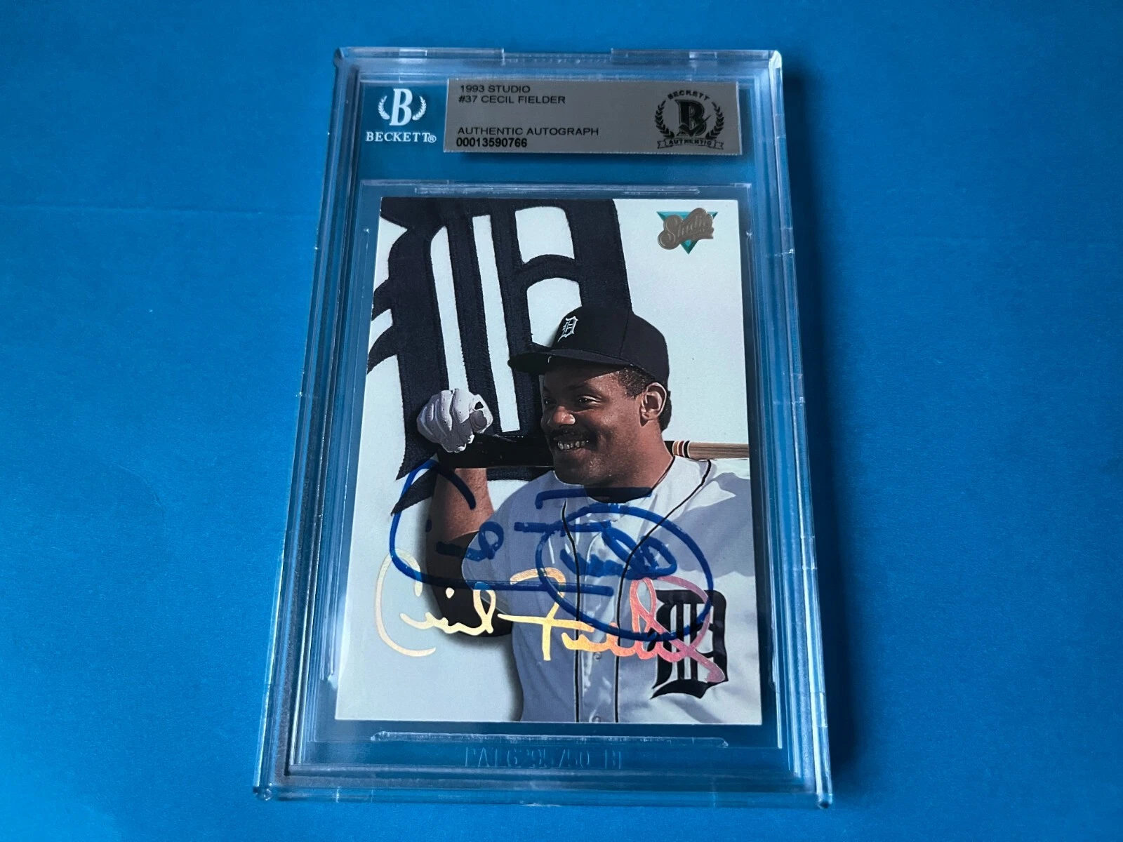 Cecil Fielder Tigers 1993 Leaf Studio Card Signed Auto Beckett BAS COA