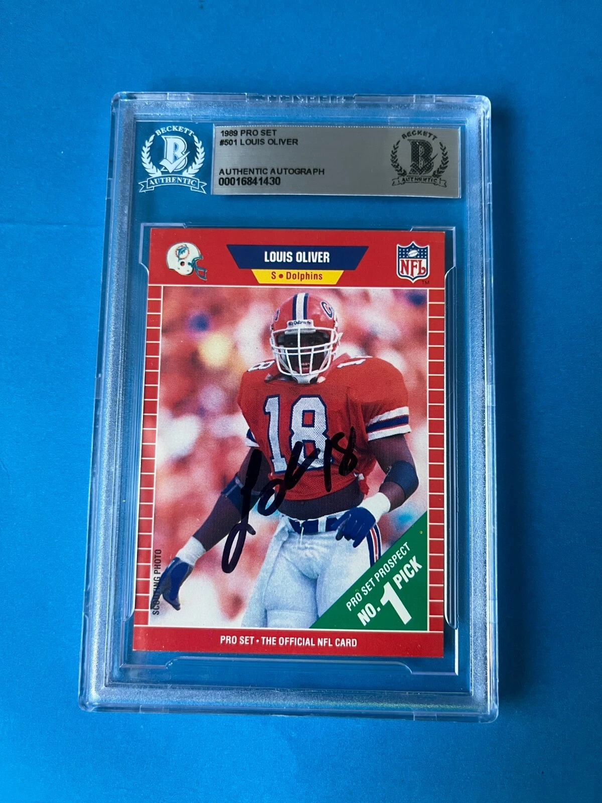 Louis Oliver Dolphins 1989 Pro Set Rookie Card Signed Auto Beckett BAS Slabbed