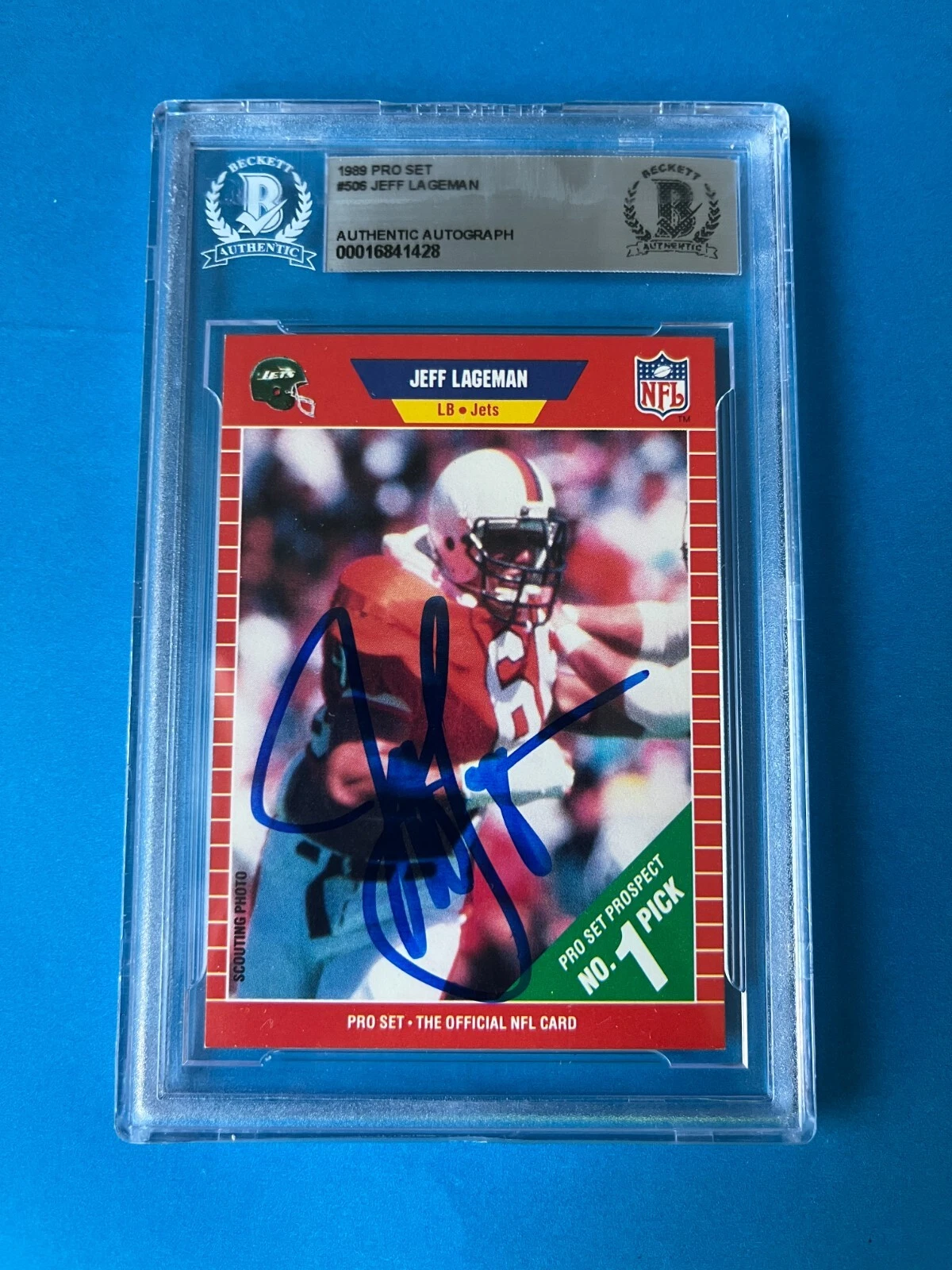 Jeff Lageman Jets 1989 Pro Set Rookie Card Signed Auto Beckett BAS Slabbed