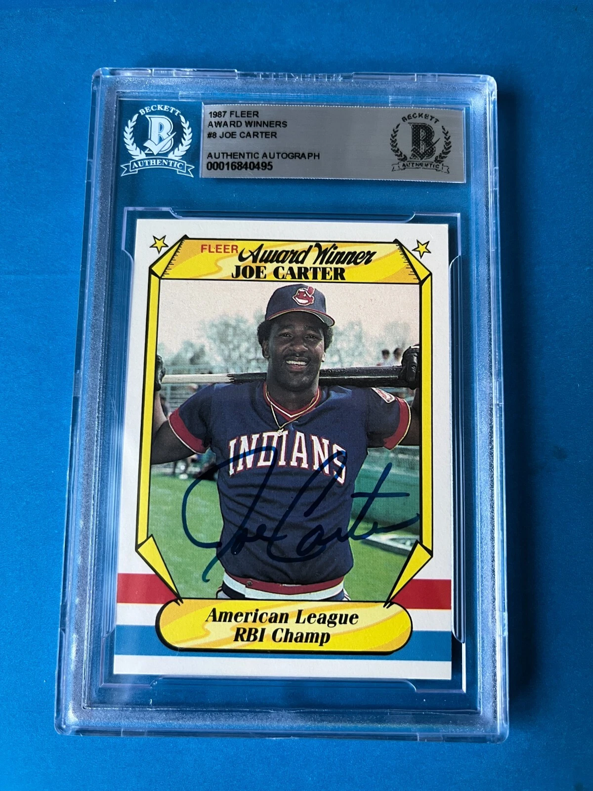 Joe Carter Indians 1987 Fleer Award Winner Card Signed Auto Beckett BAS Slabbed