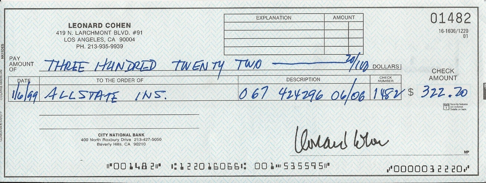 LEONARD COHEN COMPOSER REAL HAND SIGNED FULL SIZE PERSONAL CHECK #3 JSA COA COLLECTIBLE MEMORABILIA