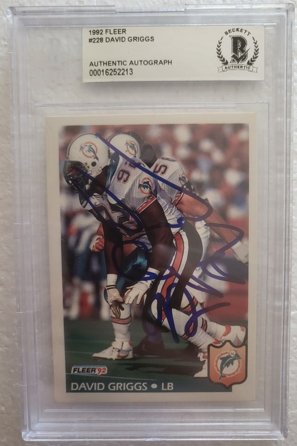 1992 FLEER DAVID GRIGGS MIAMI DOLPHINS SIGNED AUTOGRAPHED #228 CARD BECKETT